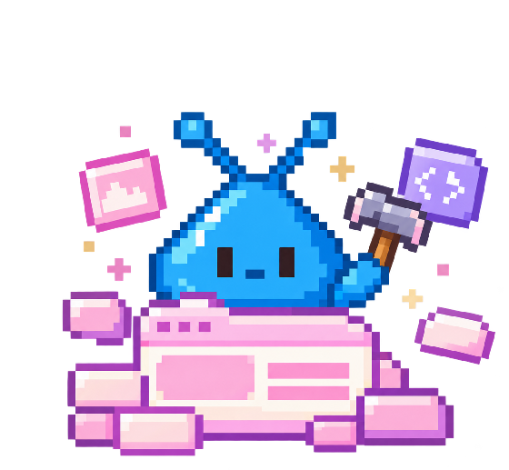 Blobby building the website with a hammer
