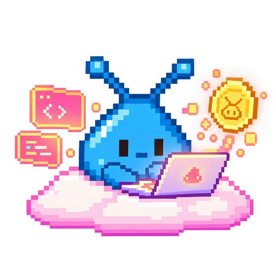 Blobby coding on his laptop