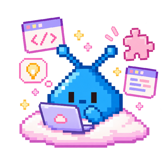 Blobby thinking at his laptop